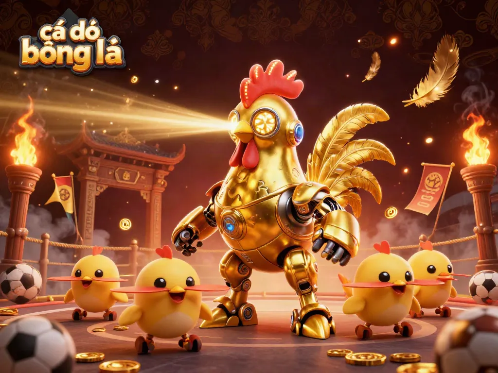 Cá độ bóng đá with a golden rooster robot and baby chick drones in a dynamic sports betting scene