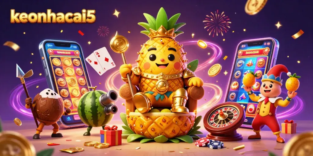 Experience keonhacai5's vibrant tropical casino scene with dynamic characters and energetic gameplay elements.