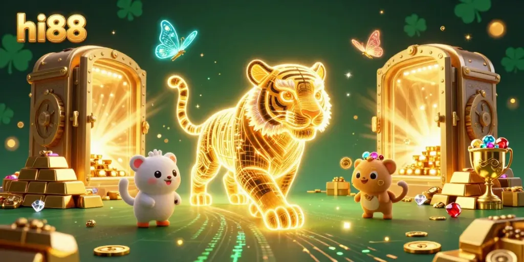 Experience the excitement in hi88's vibrant casino landscape with a golden tiger and treasures.