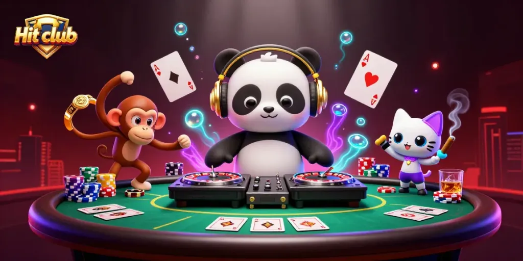Experience thrilling gaming adventures at Hit club amid an electrifying casino scene filled with vibrant characters.