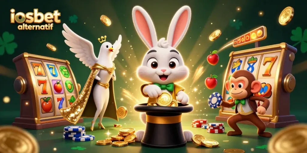 Gambar promosi iosbet alternatif menampilkan kelinci penyihir dan elemen game slot.