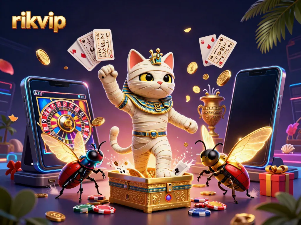 Experience thrilling adventures at rikvip with an Egyptian mummy cat and glowing scarab in a vibrant casino.