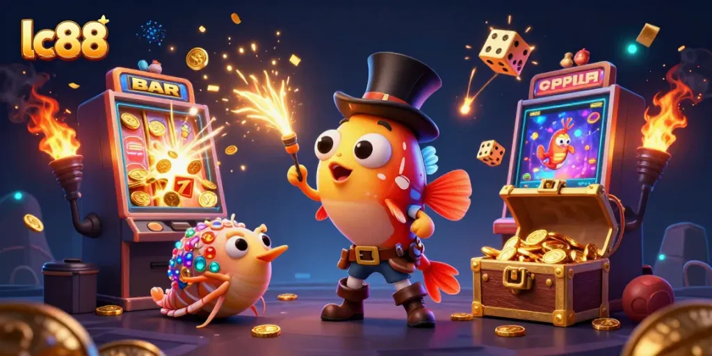 Immerse in the excitement of lc88 as a deep-sea anglerfish in a top hat attracts gold coins amid a lively casino scene.