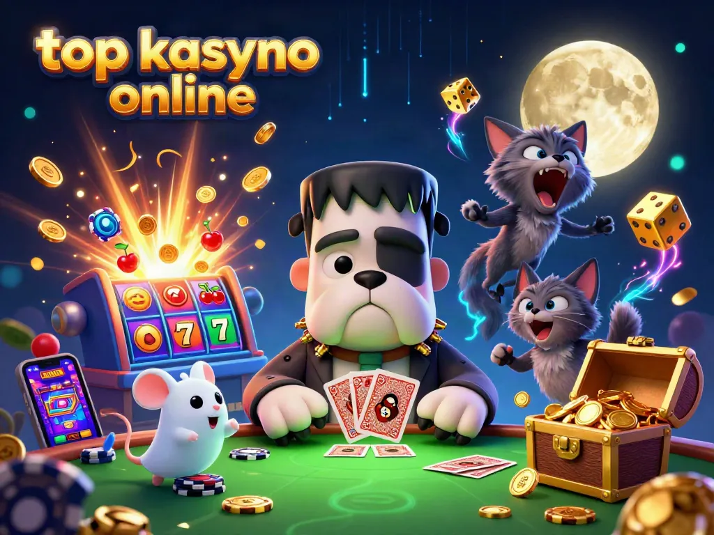 Experience the excitement at top kasyno online with a 3D cartoon scene featuring a Frankenstein bulldog monster and thrilling casino elements.