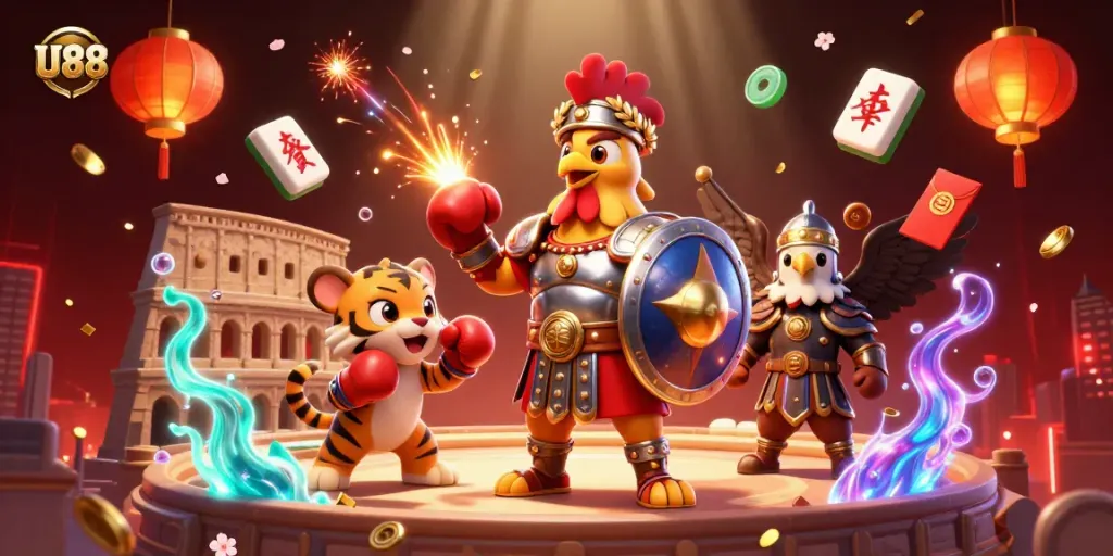 UU88 showcases a dynamic casino scene featuring a gladiator rooster with gaming elements and vibrant visuals.