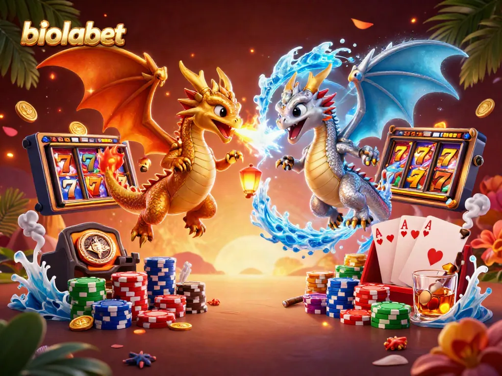 Engage with the dynamic biolabet gaming scene featuring golden and silver dragons amidst vibrant slot reels and poker chips.