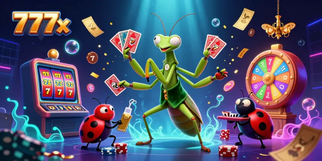 Experience the excitement of 777x with a vibrant casino scene featuring dynamic characters and engaging game elements.