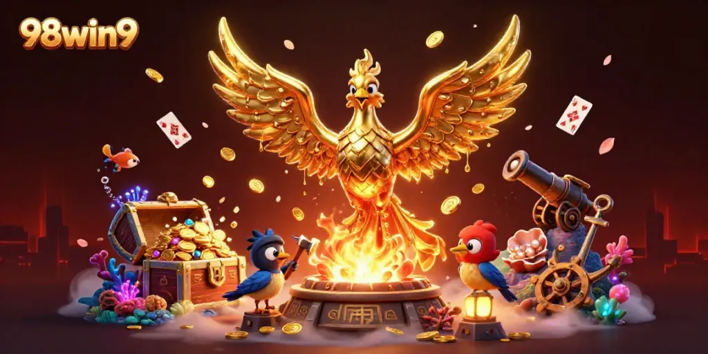 Experience thrilling wins at 98win9, where molten treasures explode in golden coins amidst vibrant casino elements.