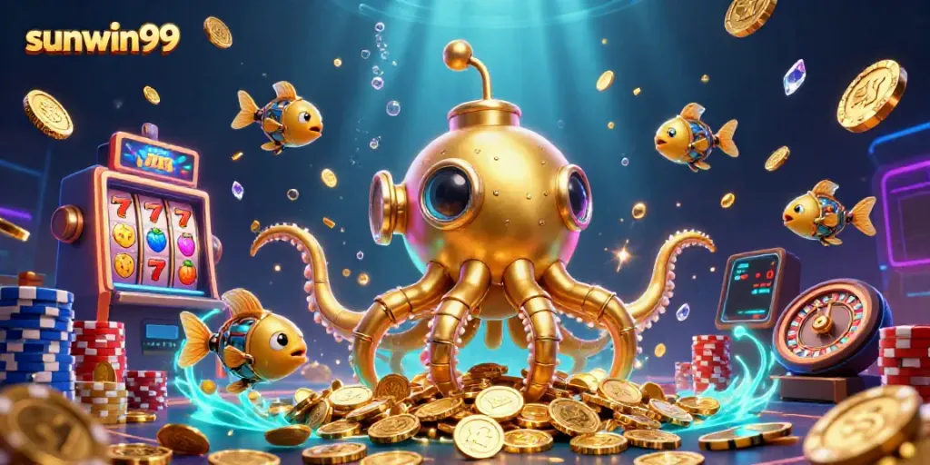 Engage with sunwin99's thrilling gaming experience featuring golden kraken submarine and vibrant casino elements.