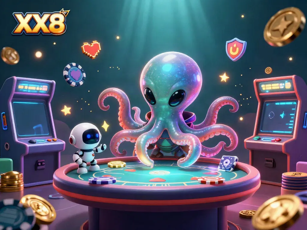 Engage with the thrilling world of XX8 as an alien octopus plays poker amid glowing arcade machines and floating chips.