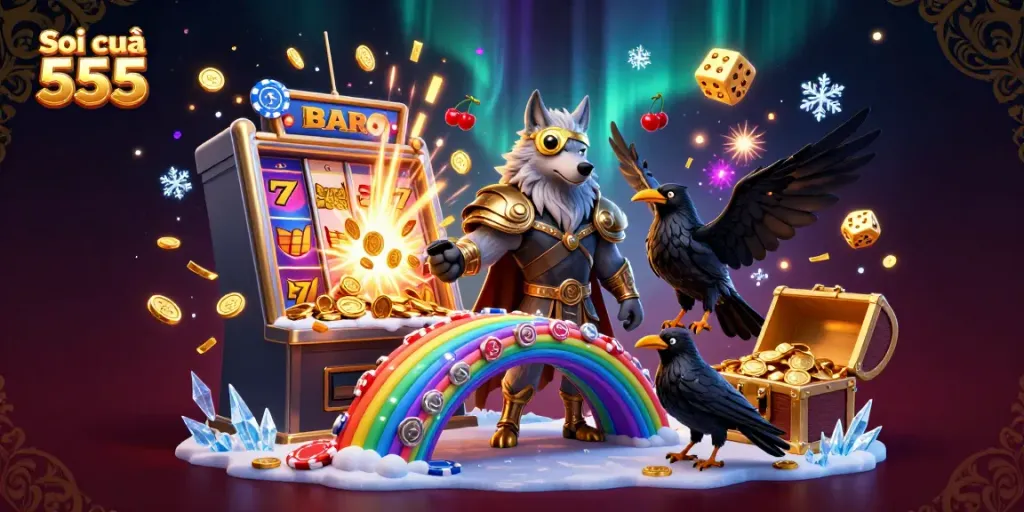 Soi cầu 555 showcases an epic casino scene featuring Odin and his ravens amidst a jackpot explosion.