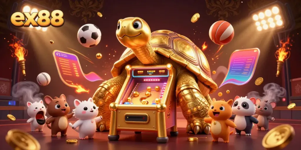 Experience thrilling gameplay at ex88 with a golden tortoise pinball machine and exciting sports elements.