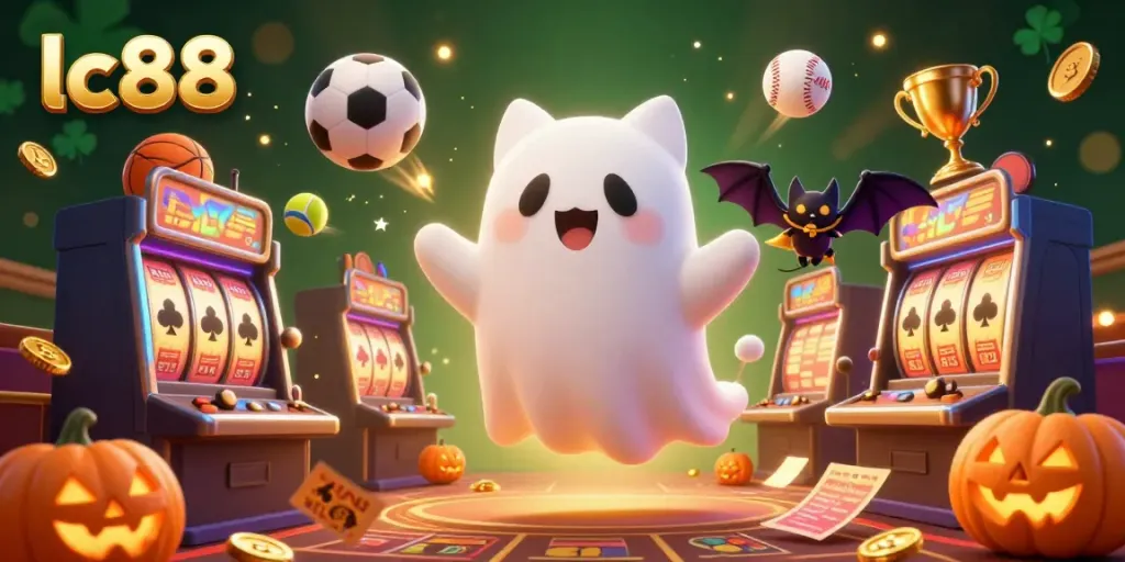 Ghost cat and vampire bat showcasing lc88 in a dynamic casino scene with slot machines and gold coins.