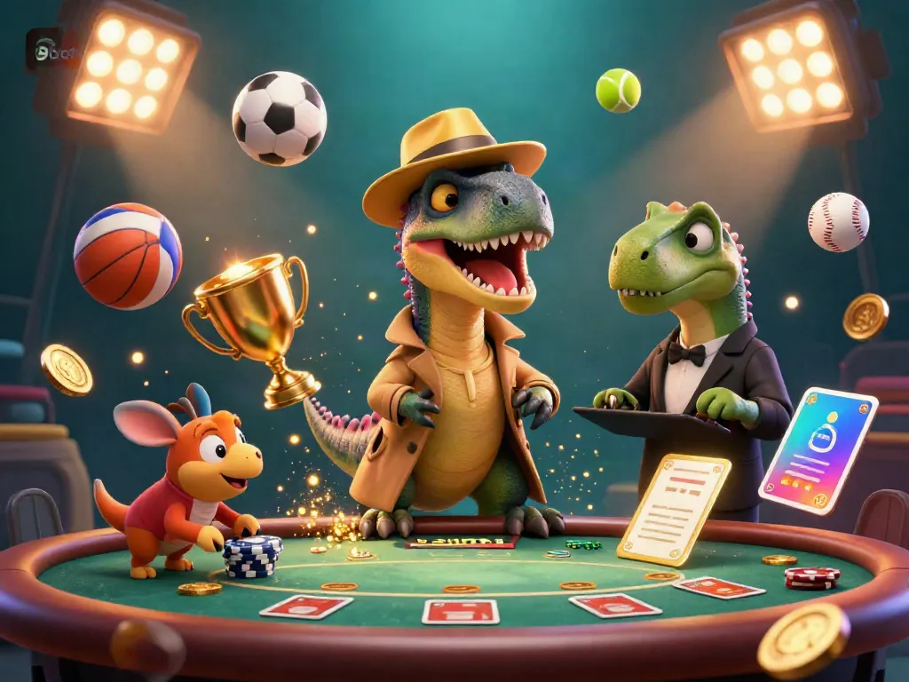 Experience exciting gameplay at 9bet with a velociraptor card counter amid vibrant casino elements.