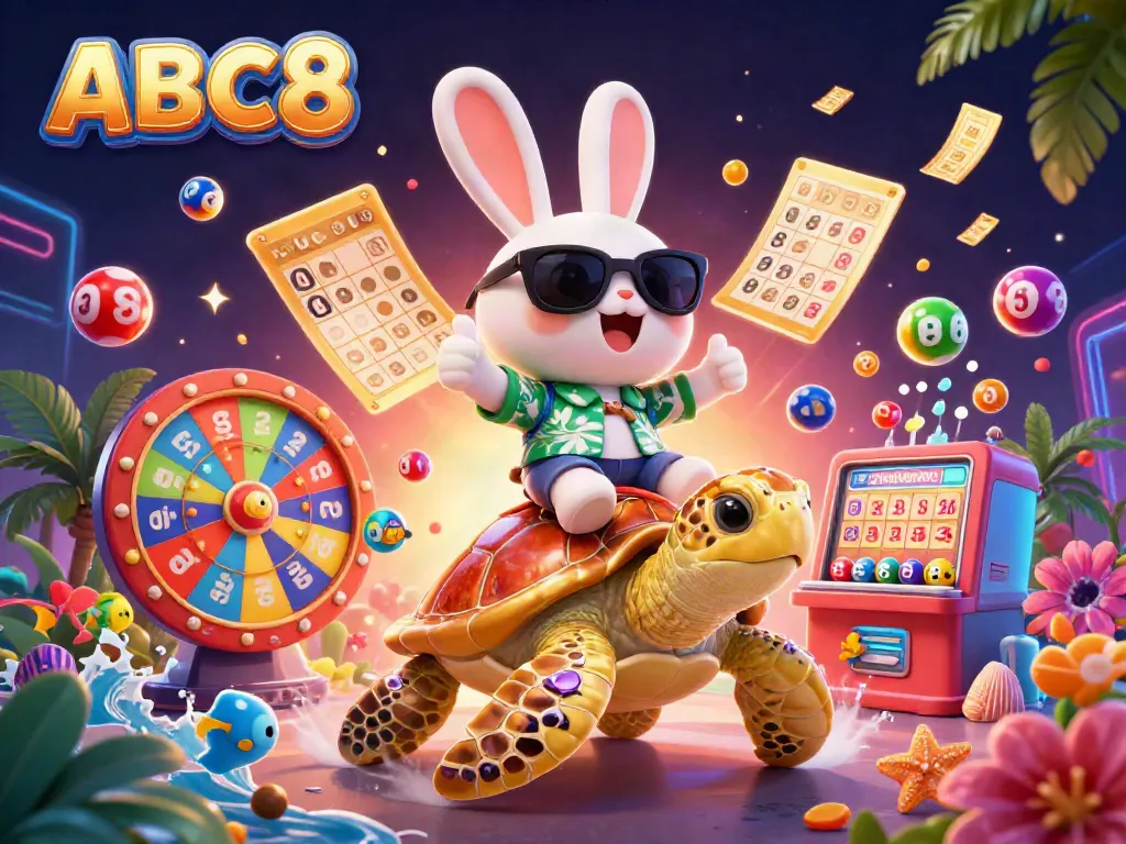 ABC8 offers an engaging online gaming experience featuring a lively rabbit and turtle in a vibrant casino atmosphere.