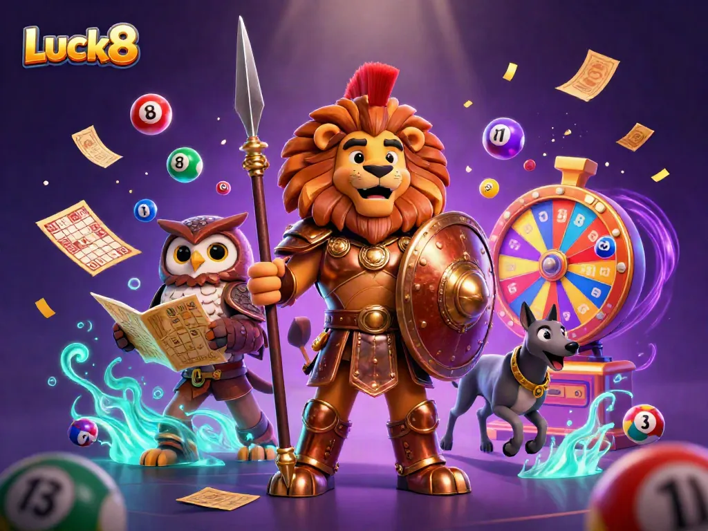 Experience the Luck8 adventure with a Spartan lion, owl strategist, and greyhound amidst dynamic lottery elements.