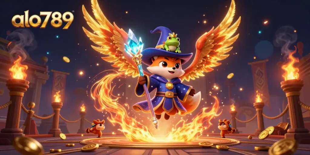 Experience the vibrant world of alo789 with a mystical wizard fox and phoenix in a dynamic gambling scene.