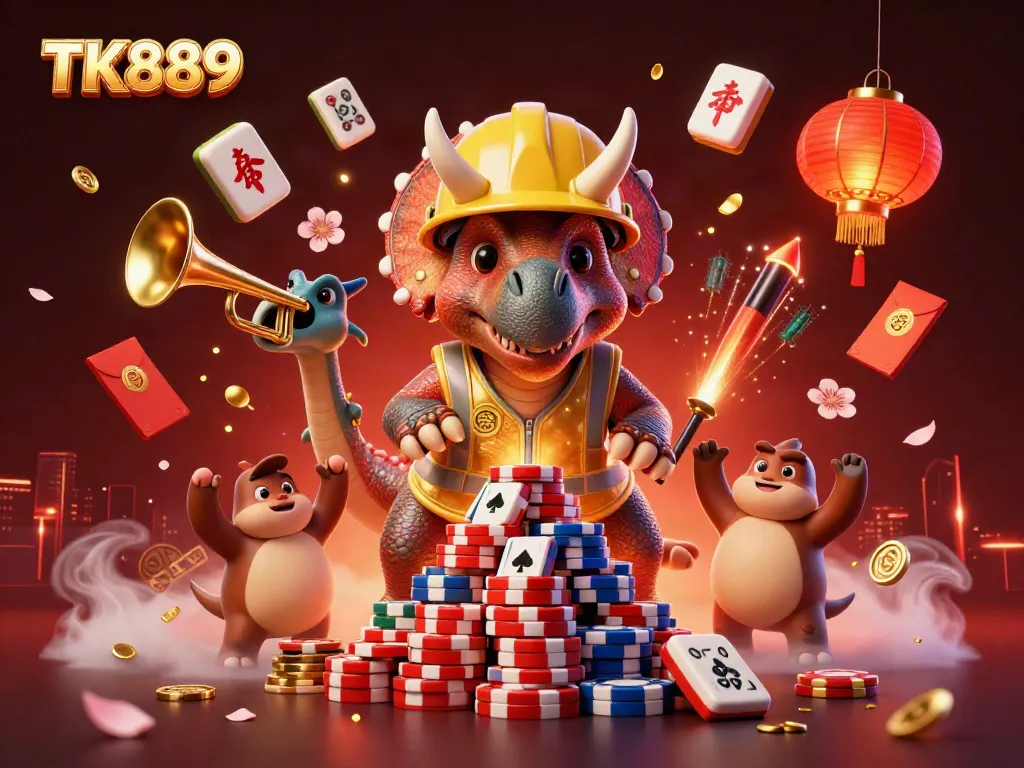 Experience thrilling gaming fun with TK889 in a vibrant 3D casino illustration featuring friendly dinosaurs.