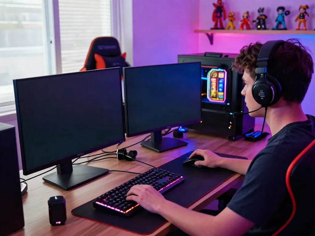 Exciting gaming setup featuring a focused player engaged in slot gacor hari ini, with vibrant LED lights and gaming accessories enhancing the atmosphere.