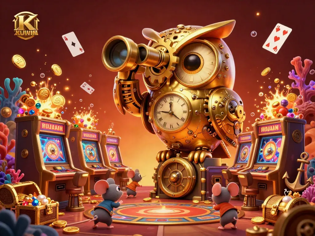 Experience thrilling casino action with KUWIN's captivating golden owl and wind-up mouse in a vibrant setting.
