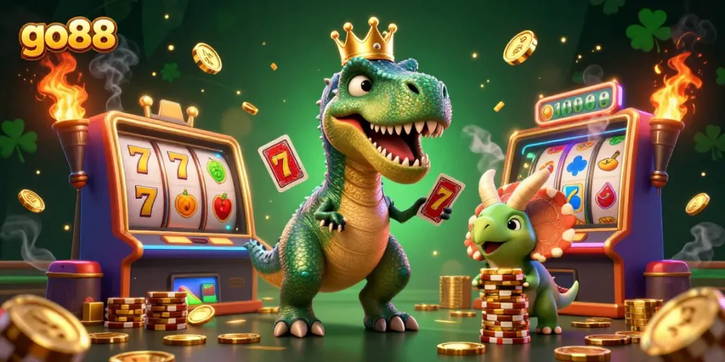 Experience thrilling gameplay at go88 with a friendly T-Rex shuffling cards and a triceratops stacking chips.