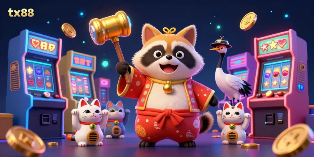 Experience thrilling games with tx88 featuring a cheerful tanuki and lucky symbols in a vibrant casino scene.