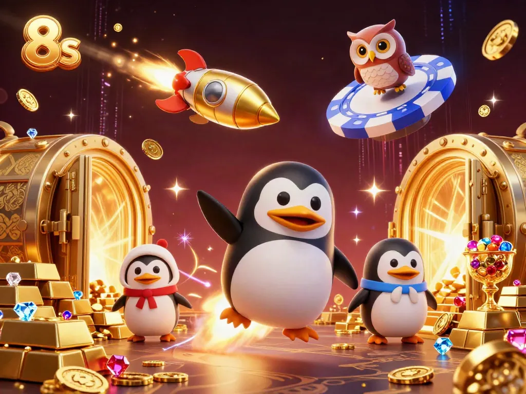 Experience thrilling wins with 8s as a golden penguin rockets to a casino station.