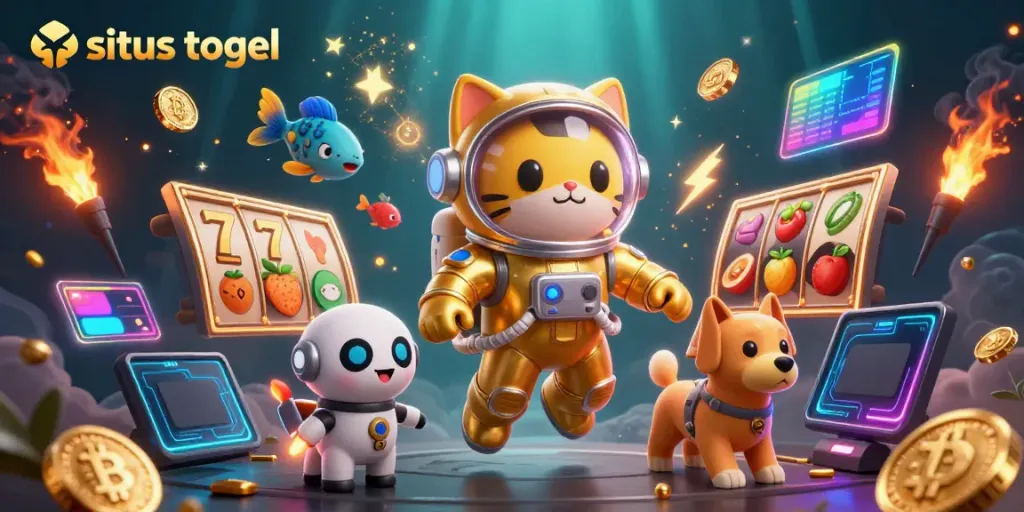 Experience situs togel excitement with a vibrant cosmic scene featuring a cat astronaut, robot dog, and colorful slot elements.