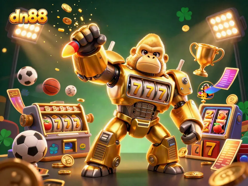 Experience thrilling wins with dn88 through an immersive casino adventure featuring a dazzling golden gorilla mech.
