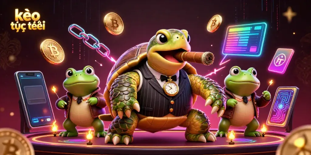 Experience kèo trực tuyến with a 3D illustration of a mobster turtle flanked by bullfrog enforcers in a dynamic casino scene.