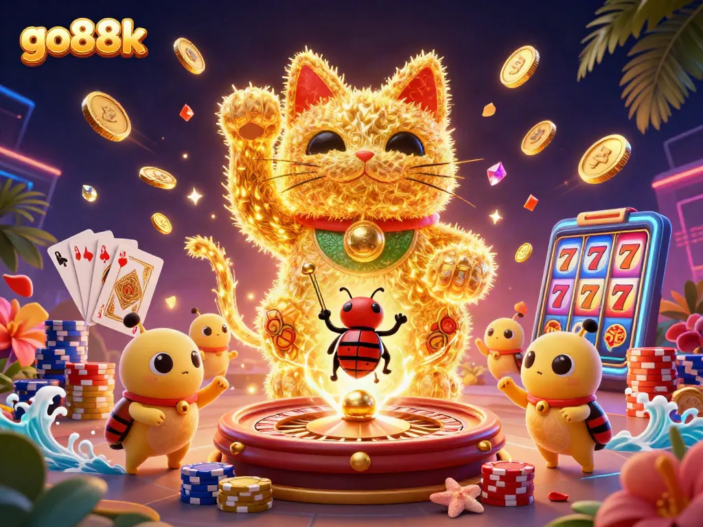 Experience go88k's vibrant casino world with a giant lucky cat and dynamic gaming symbols.