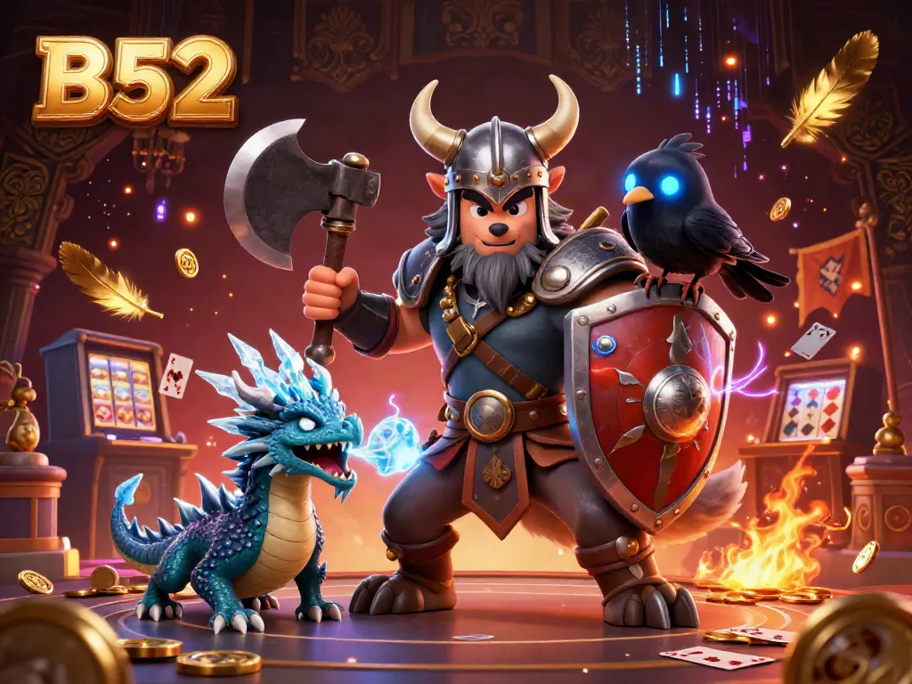 Engage with B52's captivating casino realm featuring a Viking wolf warrior, a fierce dragon, and vibrant gambling elements.