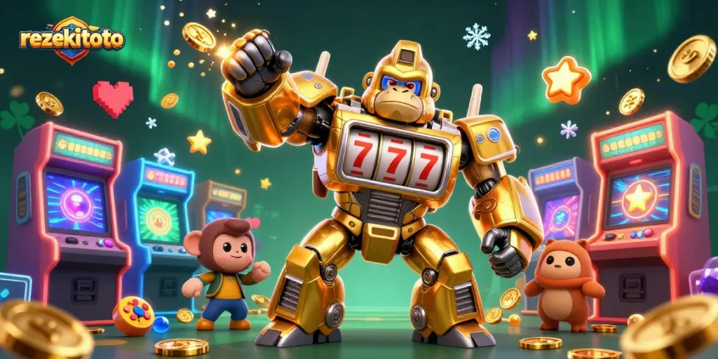 Engage with rezekitoto's vibrant 3D gaming scene featuring a golden gorilla mech amidst casino-inspired elements.
