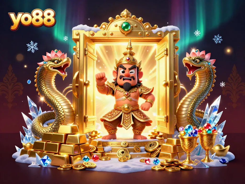 Win exciting prizes with yo88, a vibrant 3D casino scene filled with treasures and joyful characters.