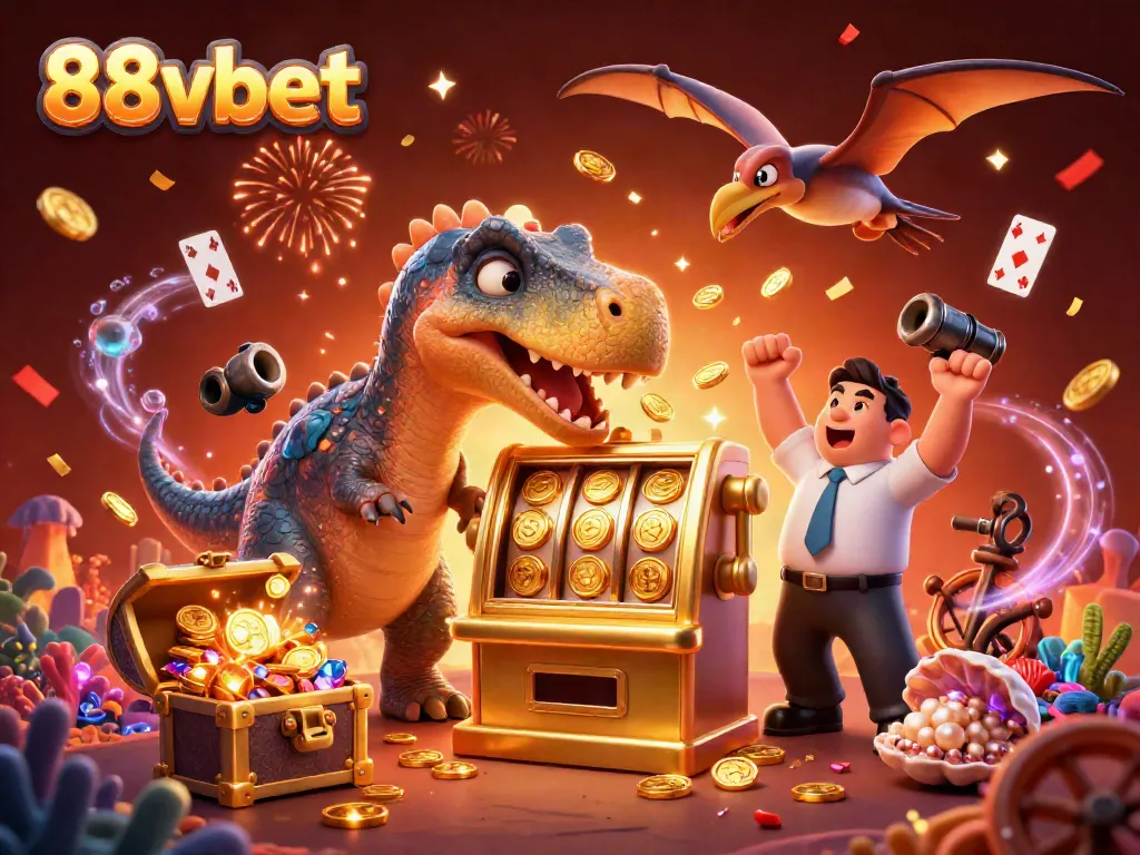 Experience excitement at 88vbet with a dinosaur winning big at the slots amidst a vibrant casino