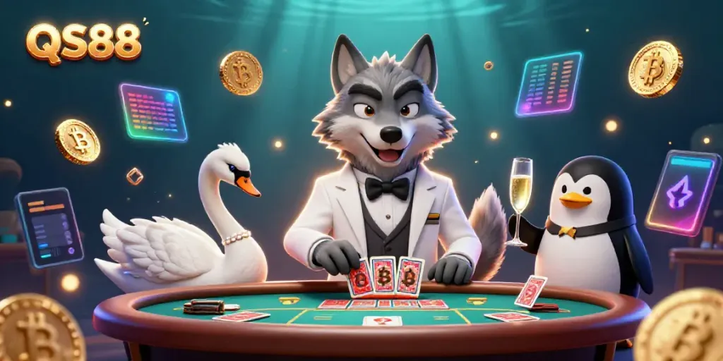 Experience the excitement of QS88 casino with animated characters at a vibrant baccarat table.