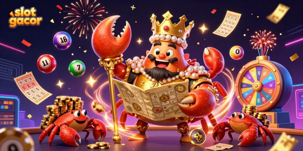 Engage with slot gacor in a vibrant 3D casino illustration featuring a golden crab emperor and dynamic symbols.