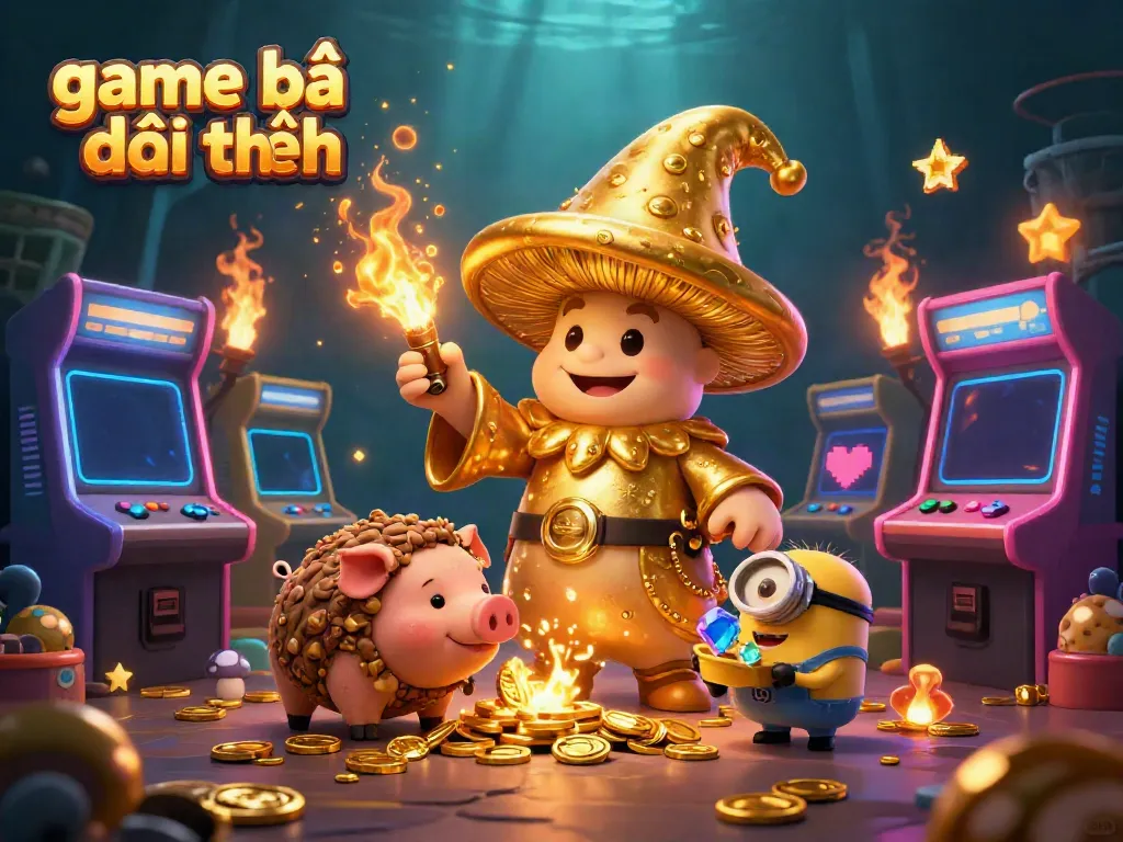 Experience the excitement of game bài đổi thưởng with this dynamic 3D illustration featuring a golden wizard and treasures.