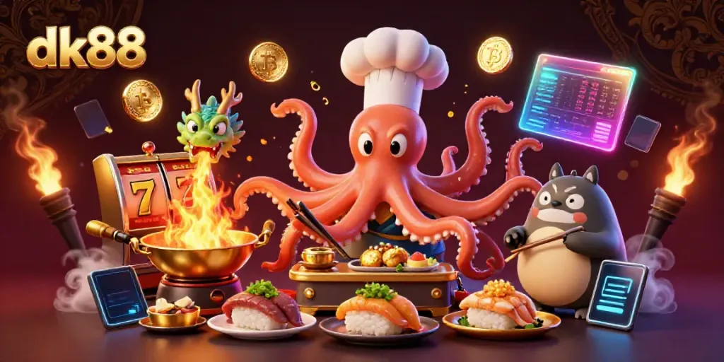 Experience the excitement of dk88 with a vibrant scene featuring a sushi chef octopus and magical dragon, embodying the thrill of online gaming.