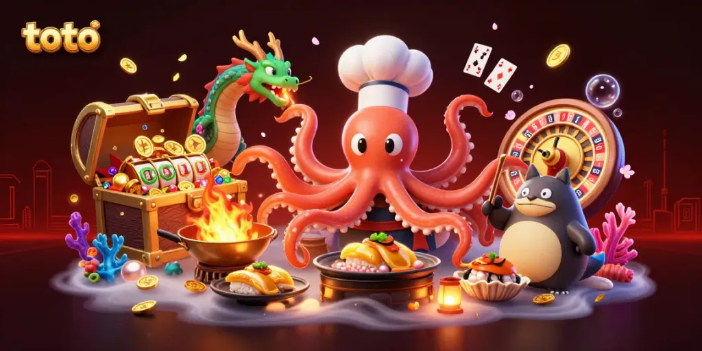 Permainan toto dengan chef sushi kartun, naga, dan tanuki di ilustrasi kasino.