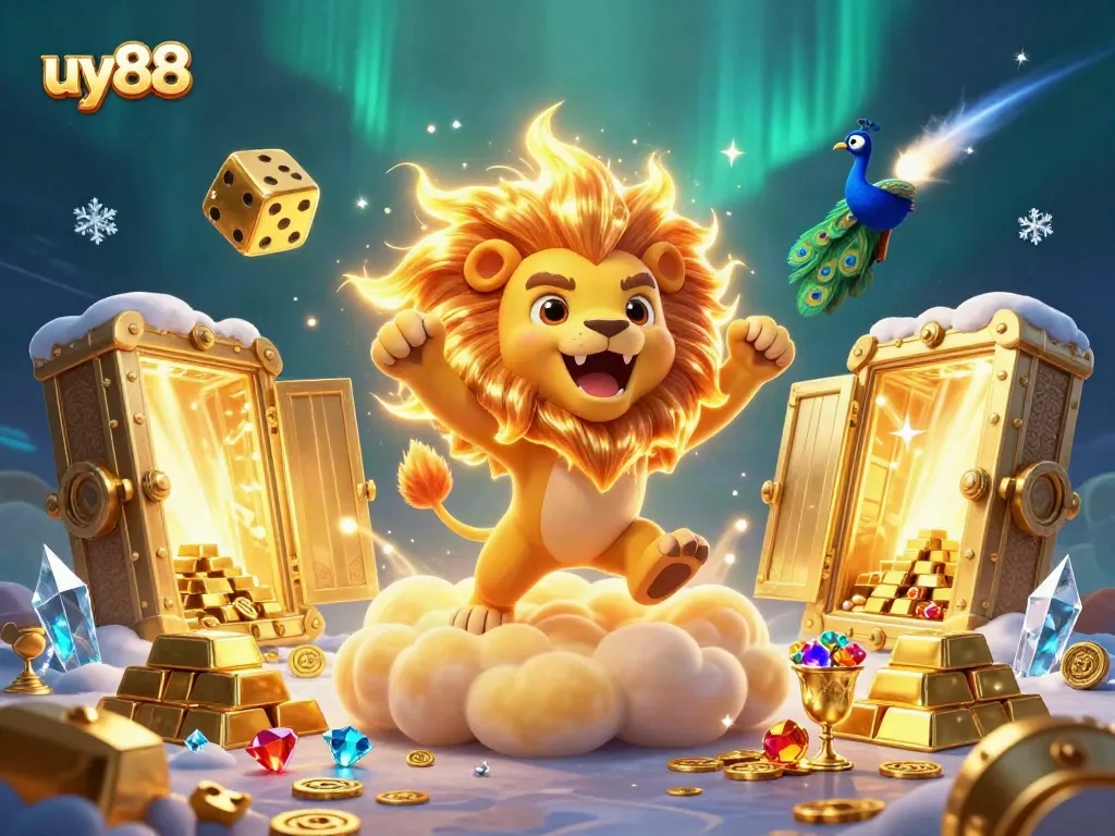 Experience the excitement of uy88 with dynamic characters and gold treasures in a vividly illustrated casino scene.