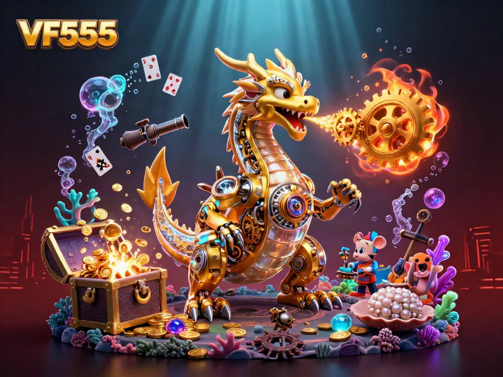 Engage with the VF555 gaming experience featuring a golden dragon and underwater treasures.
