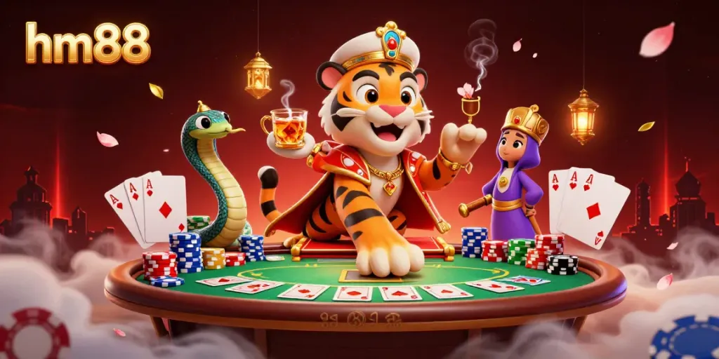 Experience luxurious gaming with hm88 in this vibrant casino scene featuring Arabian-themed characters.