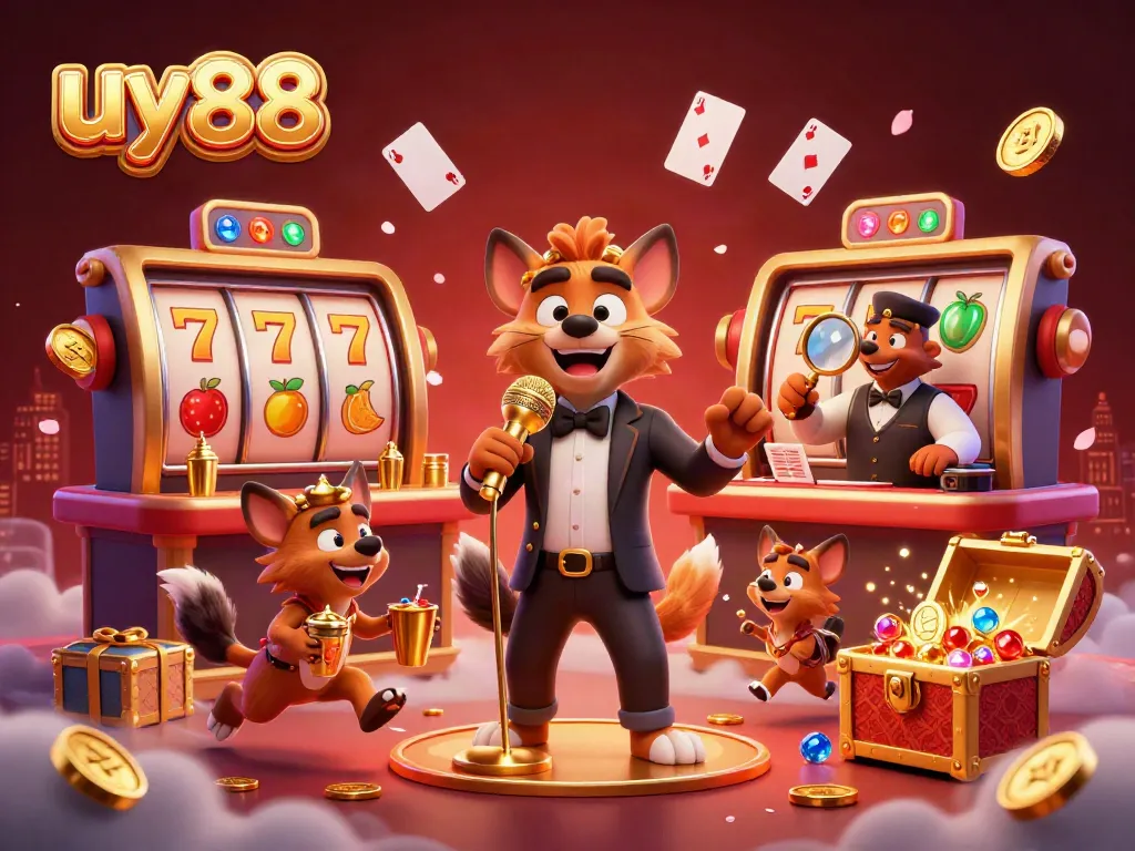 Immerse in the uy88 casino comedy scene, featuring hyenas entertaining amidst vibrant gaming elements.