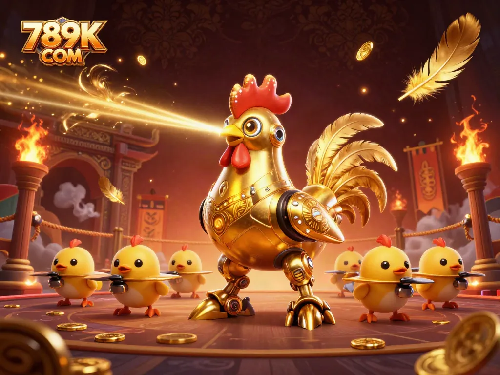 Engage in thrilling fun at 789K COM with a golden rooster robot leading the way in a vibrant casino scene.