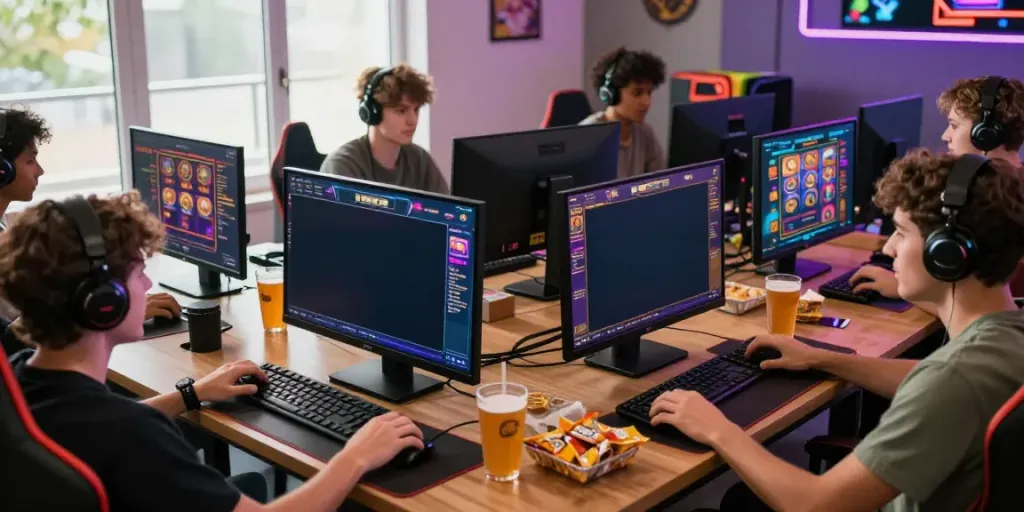 Players enjoying situs gacor on various devices with vibrant visuals and snacks.